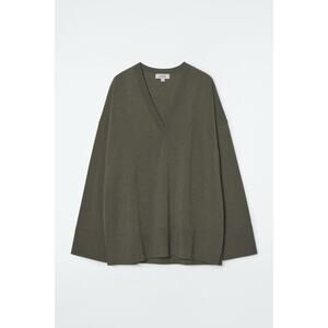 COS Women’s M V-Neck Merino Wool Jumper Sweater Dark Khaki Green 100% Wool